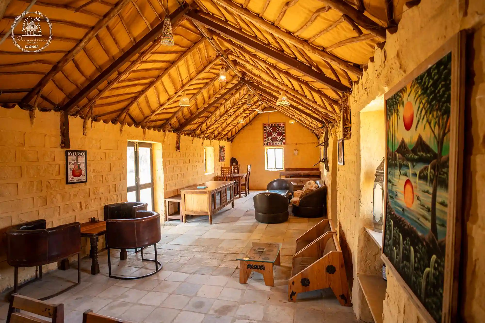 Rustic interior seating at The Fossil Restaurant, Dreamtime Bungalows