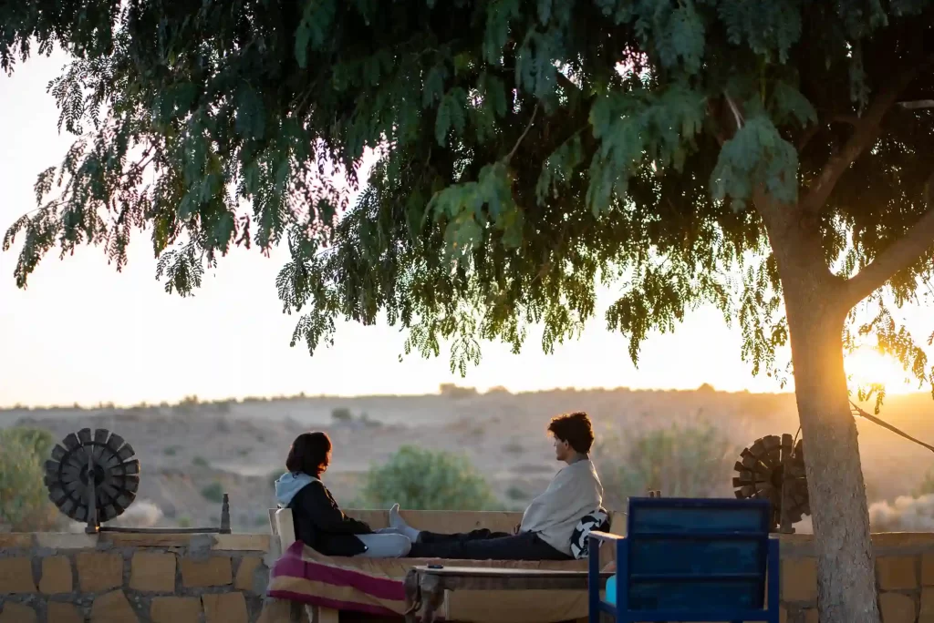 Morning sunrise view from the outdoor sit-out at Dreamtime Bungalow in Kuldhara