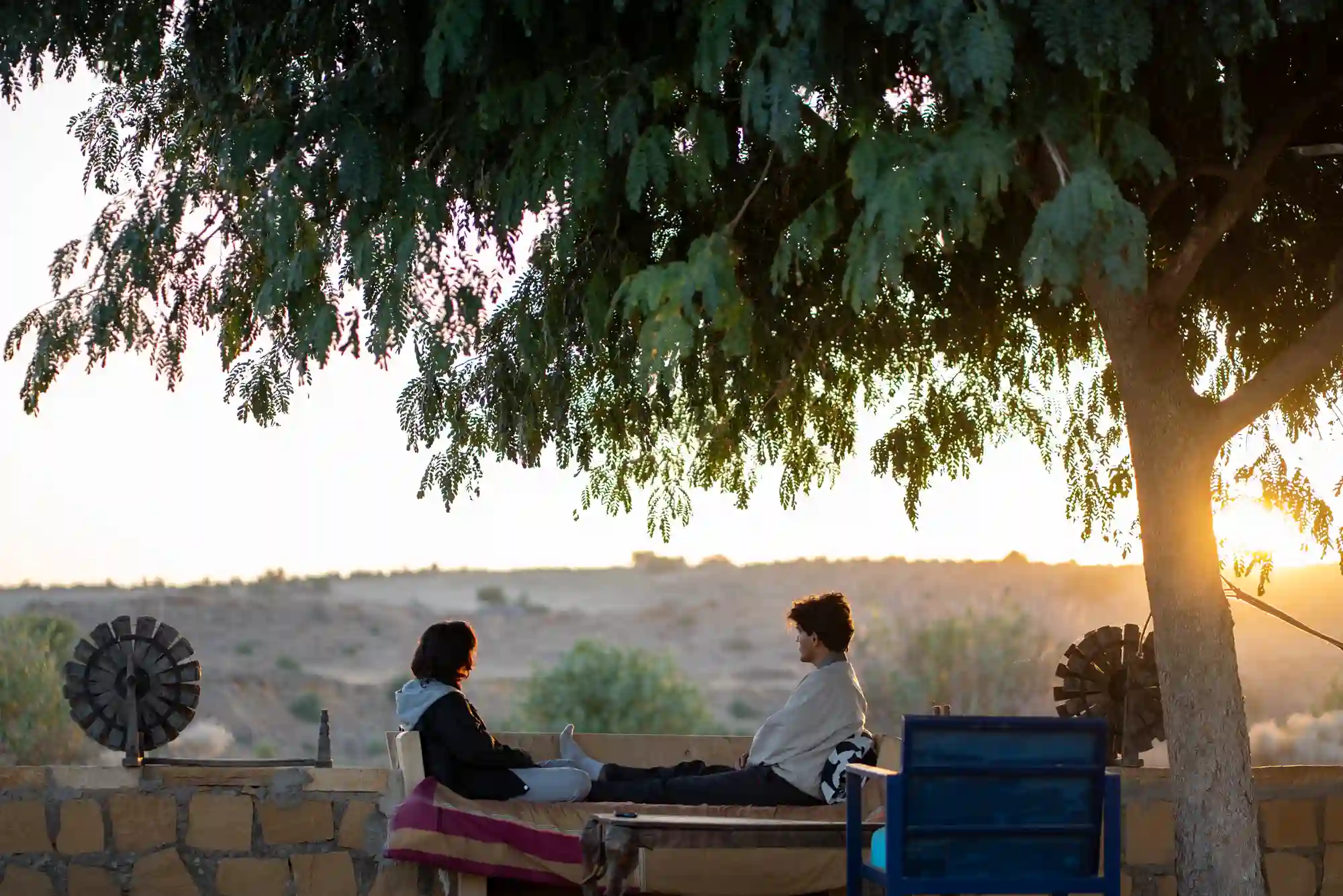 Morning sunrise view from the outdoor sit-out at Dreamtime Bungalow in Kuldhara